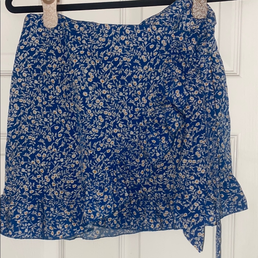 Ruffled Blue and White mock Wrap Mini Skirt